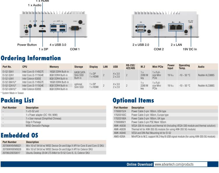 研華EI-52 研華EI-52，邊緣計(jì)算系統(tǒng)，支持 Intel 11th gen CPU，可選 Core i5 /i3 /Celeron 處理器，具備豐富擴(kuò)展接口 2 x LAN，2 x COM，6 x USB等，內(nèi)部可以通過 miniPCIe 或 M.2 擴(kuò)展AI加速卡實(shí)現(xiàn)工業(yè)AI機(jī)器視覺，搭載5G通訊模塊。
