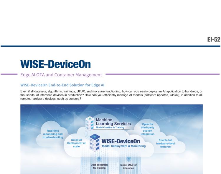 研華EI-52 研華EI-52，邊緣計(jì)算系統(tǒng)，支持 Intel 11th gen CPU，可選 Core i5 /i3 /Celeron 處理器，具備豐富擴(kuò)展接口 2 x LAN，2 x COM，6 x USB等，內(nèi)部可以通過 miniPCIe 或 M.2 擴(kuò)展AI加速卡實(shí)現(xiàn)工業(yè)AI機(jī)器視覺，搭載5G通訊模塊。