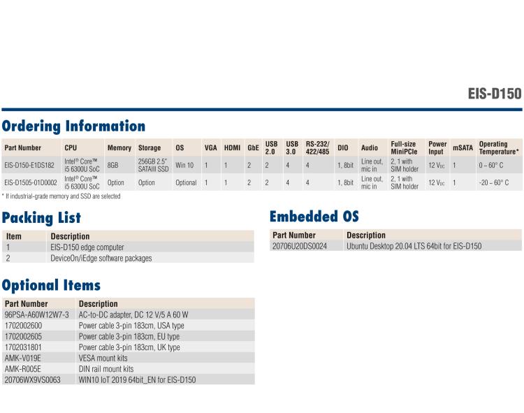 研華EIS-D150 研華EIS-D150，邊緣計算系統(tǒng)，支持Intel 第六代處理器，可選i3/i5/i7 CPU，最高支持 16 GB內存，具備豐富擴展接口 2 x LAN，4 x COM，6 x USB等，同時還可以擴展 iDoor 和 ARK-Plus 模組增加更多的擴展能力，可以根據(jù)現(xiàn)場應用需求，靈活定制。