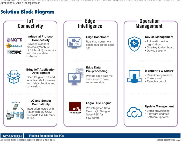 研華EIS-D210 研華EIS-D210，邊緣計算系統(tǒng)網(wǎng)關(guān)，Intel Celeron N3350 Dual Core SoC，最高支持 8 GB內(nèi)存，低功耗邊緣智能設(shè)備，具備豐富擴展接口 2 x LAN，2 x COM，4 x USB，1 x VGA等，搭配 Wifi 或 4G 模塊，可以實現(xiàn)無線數(shù)據(jù)傳輸，體積非常小