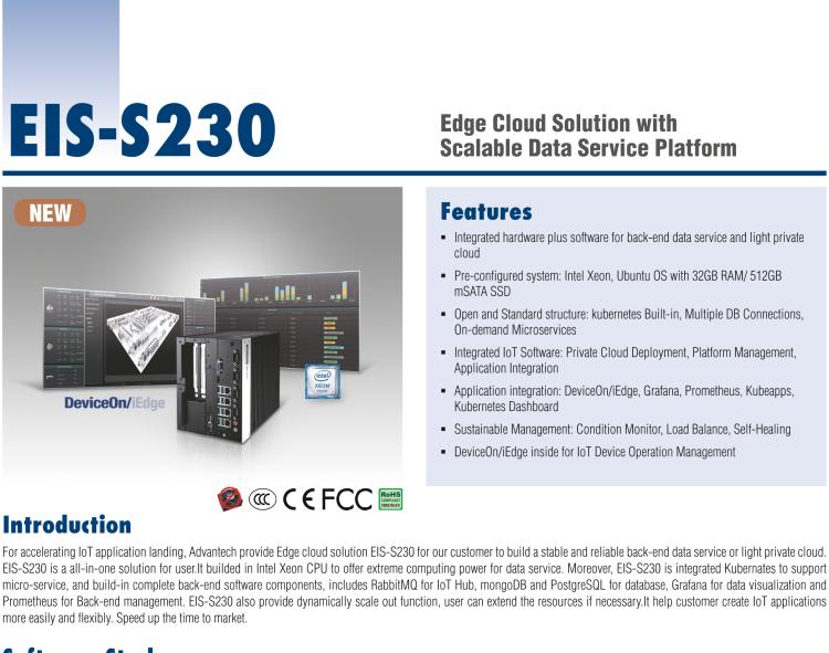 研華EIS-S230 研華 EIS-S230，邊緣計算系統(tǒng)服務器，支持Intel 第六代、第七代處理器，可選i3/i5/i7 Xeon CPU，DDR4 最高32GB，最多可支持4 x 2.5寸硬盤，具備豐富擴展接口 4 x LAN，4 x COM，8 x USB，2 x PCIE。產(chǎn)品生命周期長，穩(wěn)定可靠。