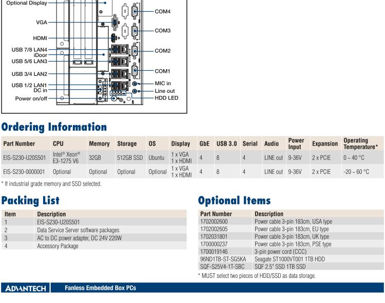 研華EIS-S230 研華 EIS-S230，邊緣計算系統(tǒng)服務器，支持Intel 第六代、第七代處理器，可選i3/i5/i7 Xeon CPU，DDR4 最高32GB，最多可支持4 x 2.5寸硬盤，具備豐富擴展接口 4 x LAN，4 x COM，8 x USB，2 x PCIE。產(chǎn)品生命周期長，穩(wěn)定可靠。