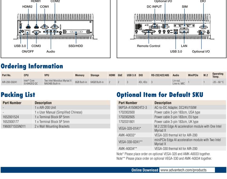 研華AIR-200 基于Intel Core i5-6442EQ處理器，AI計算平臺，內(nèi)置Myriad X VPU * 2