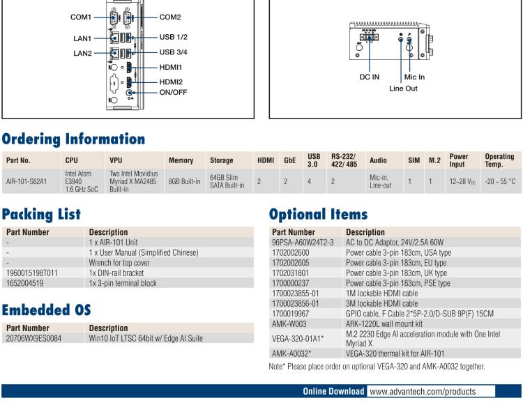 研華AIR-101 基于Intel Atom E3940處理器，AI計算平臺，內(nèi)置Myriad X VPU * 2