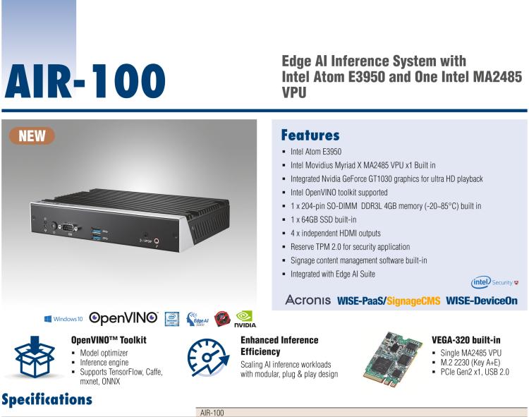 研華AIR-100 基于Intel Atom E3950處理器，AI計算平臺，內(nèi)置Myriad X VPU * 1