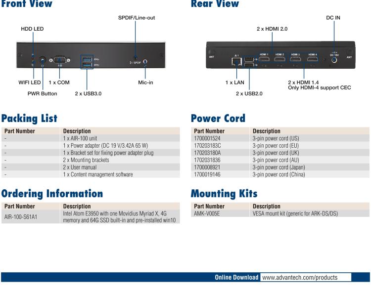 研華AIR-100 基于Intel Atom E3950處理器，AI計算平臺，內(nèi)置Myriad X VPU * 1