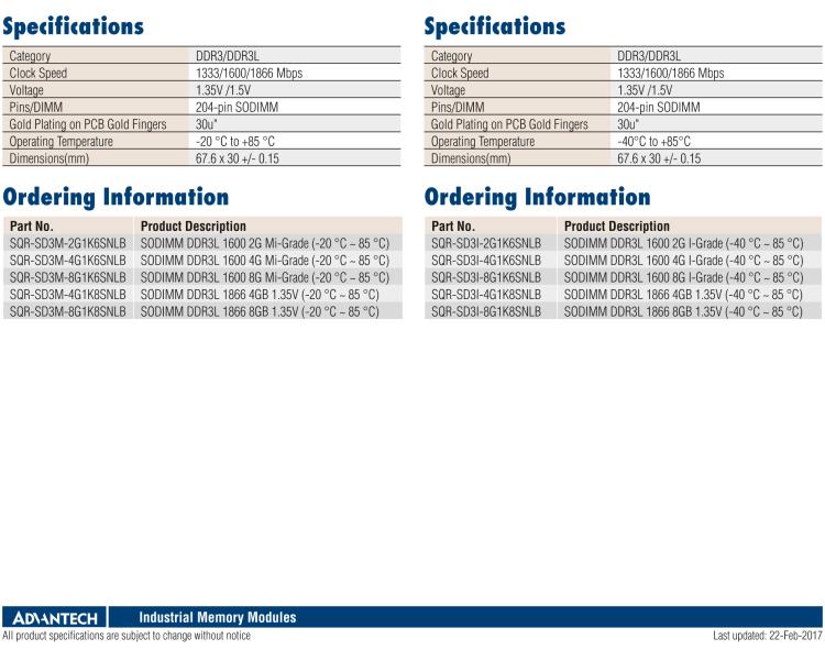 研華SQR-SD3I SODIMM DDR3L 1333/1600/1866，帶溫度傳感器 (-40~85°C)