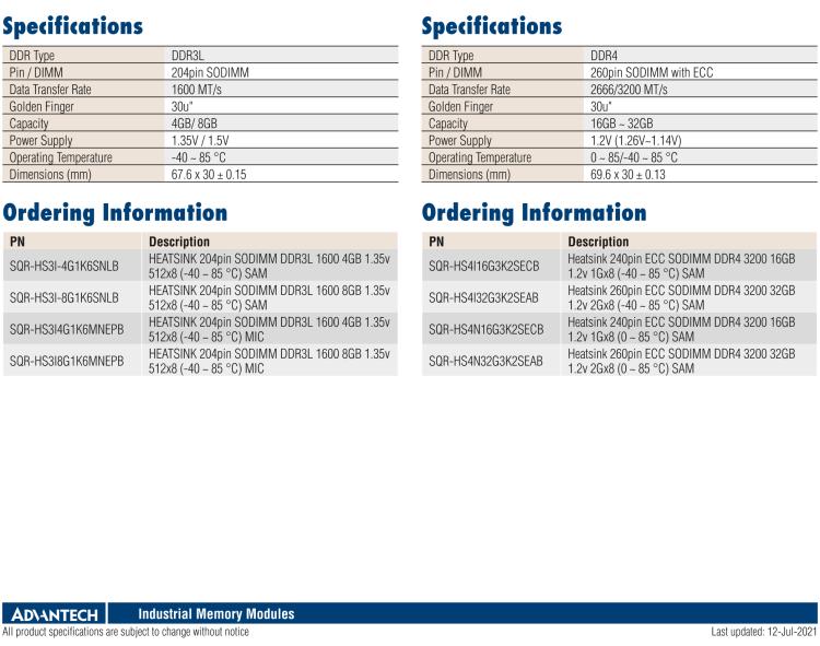 研華SQR-HS3I 自帶散熱器，低功耗，工業(yè)級(jí)寬溫SODIMM DDR3L系列