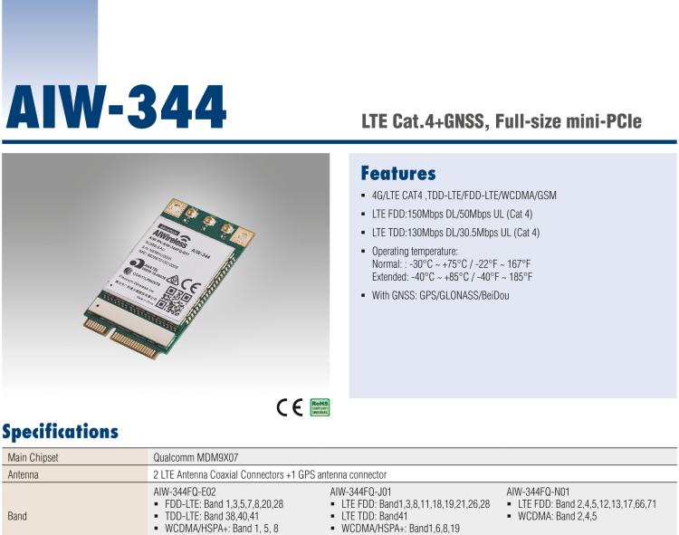 研華AIW-344 4G LTE CAT4：TDD LTE/FDD LTE/WCDMA/GSM和GPS。