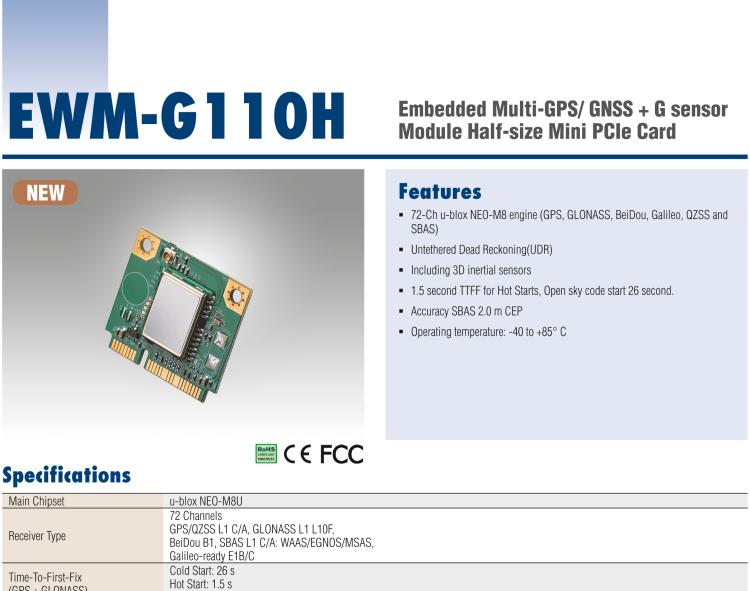 研華EWM-G110 Multi-GNSS (GPS、GLONASS、BeiDou、Galileo、QZSS 和 SBAS) +G-sensor 半尺寸 Mini PCIe 卡