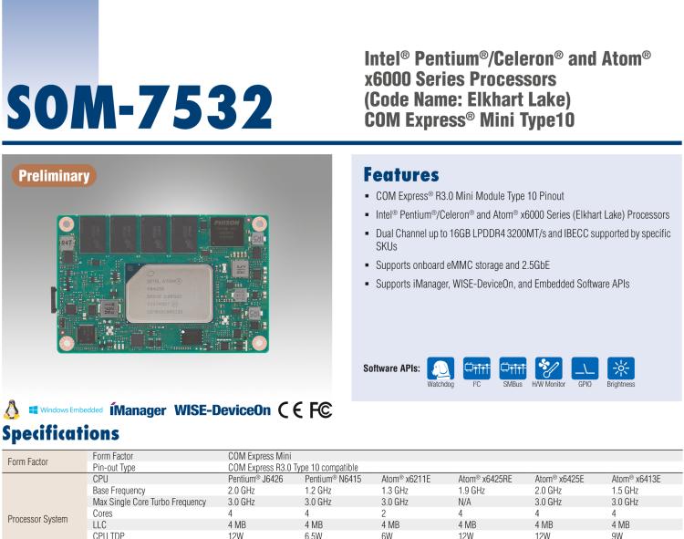 研華SOM-7532 Intel Pentium/Celeron 和 Atom x6000 系列 (Elkhart Lake) 處理器， COM Express Mini Type 10 模塊