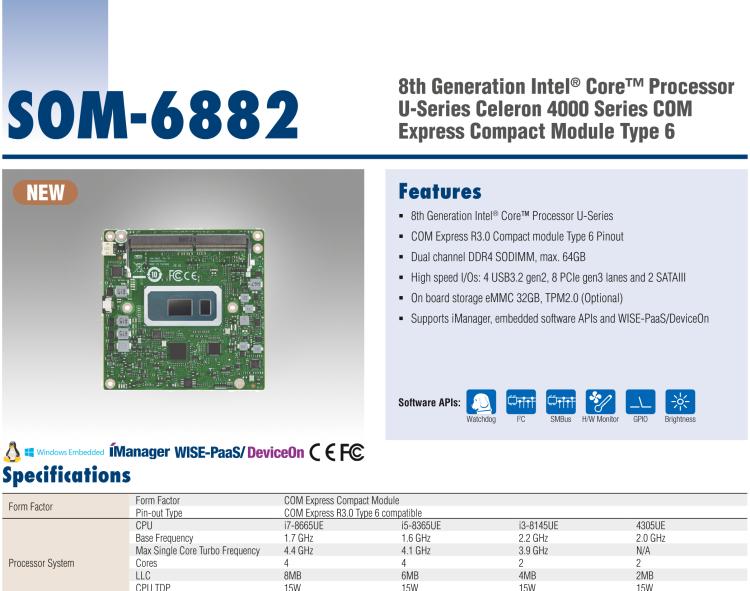 研華SOM-6882 第八代 Intel?Core 處理器，COM Express Compact R3.0 Type 6 模塊