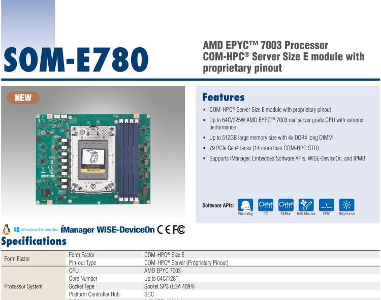 研華SOM-E780 AMD EPYC? 7003 COM-HPC? Server Size E 模塊，具有專有引腳