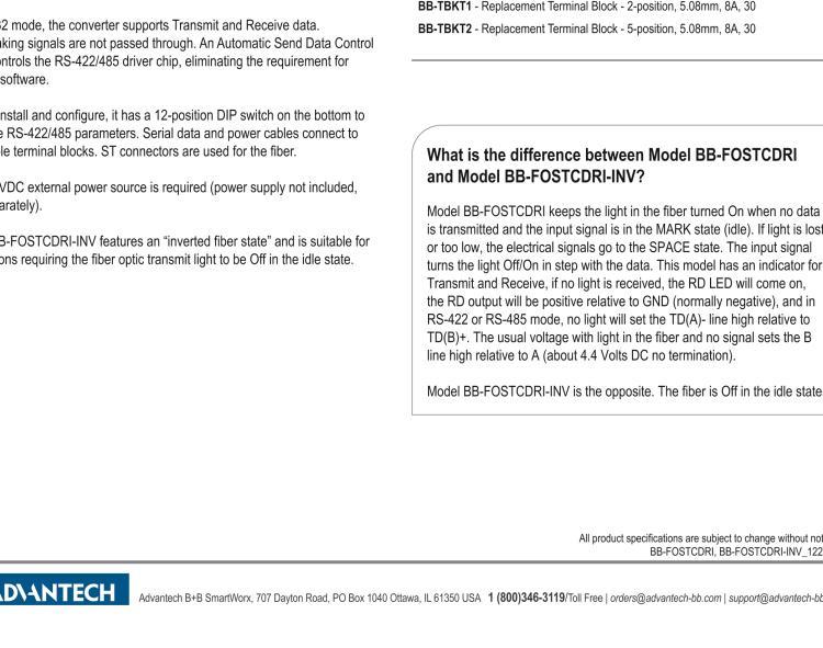 研華BB-FOSTCDRI-INV 串口轉(zhuǎn)換器，RS-232/422/485 TB至MM光纖ST（反向），工業(yè)DIN，C1D2