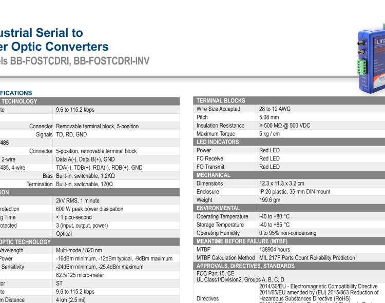 研華BB-FOSTCDRI-INV 串口轉(zhuǎn)換器，RS-232/422/485 TB至MM光纖ST（反向），工業(yè)DIN，C1D2