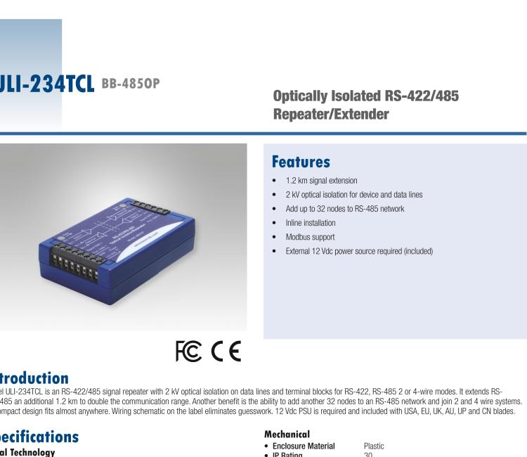 研華BB-485OPDRI-PH ULI-234TE RS-485/422 三層（重型）隔離中繼器，DIN 導(dǎo)軌