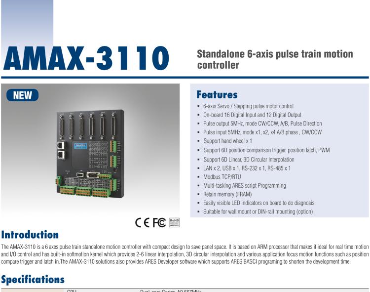 研華AMAX-3110 AMAX-3110是一個(gè)6軸脈沖序列獨(dú)立式運(yùn)動(dòng)控制器，一體化精巧的設(shè)計(jì)，節(jié)省空間