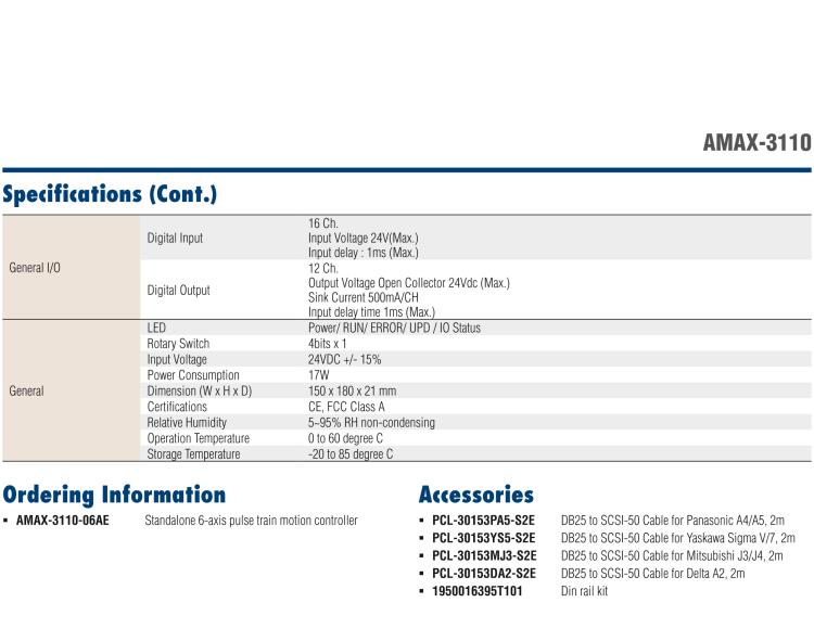 研華AMAX-3110 AMAX-3110是一個(gè)6軸脈沖序列獨(dú)立式運(yùn)動(dòng)控制器，一體化精巧的設(shè)計(jì)，節(jié)省空間
