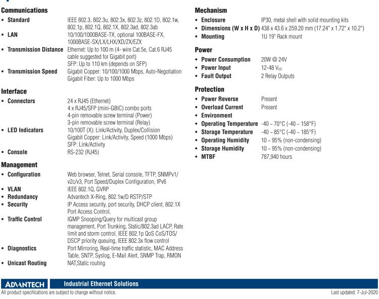 研華EKI-9628G-4CI 24GE+4G Combo端口 機(jī)架式三層工業(yè)以太網(wǎng)交換機(jī)，-40～75℃