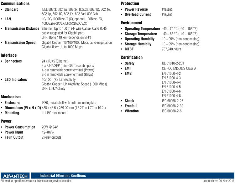 研華EKI-2428G-4CI 24GE+4G組合非托管以太網(wǎng)交換機，19“機架式，-40~75℃