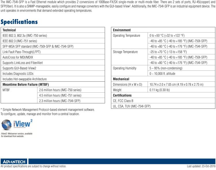 研華BB-850-18610 雙端口、擴(kuò)展溫度 (IE)、100 Mbps 以太網(wǎng) SNMP 可托管媒體轉(zhuǎn)換器
