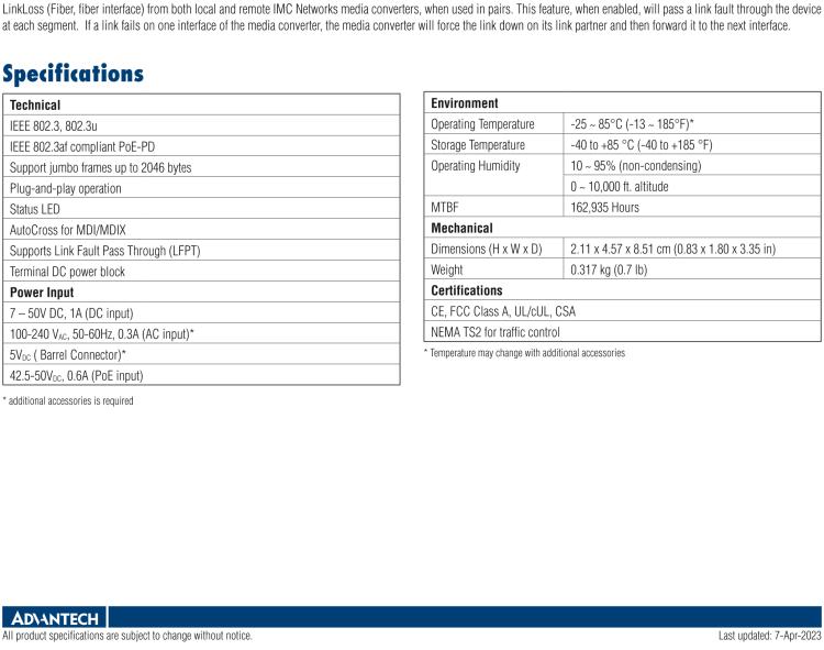 研華IMC-350I-MM-A 緊湊型光電轉(zhuǎn)換器，支持寬溫，100Base-TX/FX，多模1300nm，LFPT，5km，SC type