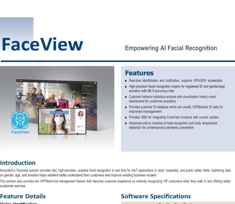 研華FaceView 研華 DeviceOn.FaceView是基于研華 IoT 設(shè)備的人臉識別軟件，支持性別、年齡、情感的數(shù)據(jù)收集，支持VPU/GPU加速。FaceView軟件在最新版本中正確識別率提升到了99.7%，可以支持遮擋檢測，也就是是否正確佩戴口罩，再搭配專業(yè)測溫攝像頭情況下，可以實現(xiàn)測量體溫。