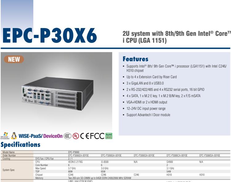 研華EPC-P3086 適配Intel? 第8/9代 Core i 系列處理器，搭載H310芯片組。2U高度，支持全長PCIe x16擴展卡。接口豐富，性能強勁。