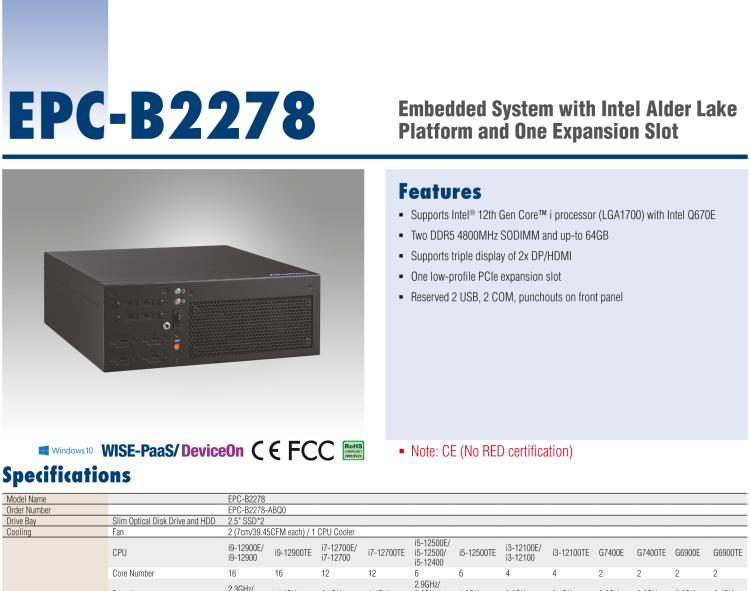 研華EPC-B2278 適配Intel 第12代 Core i 系列處理器，搭載Q670E芯片組。2U高度，精簡尺寸，性能強(qiáng)勁，是小尺寸高性能場景的理想解決方案。