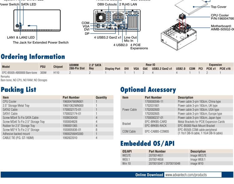 研華EPC-B5505 適配Intel? 第6/7代 Core ? i/Xeon E3系列處理器，搭載H110芯片組。標(biāo)準(zhǔn)4U上架，廣泛適用于各種行業(yè)。