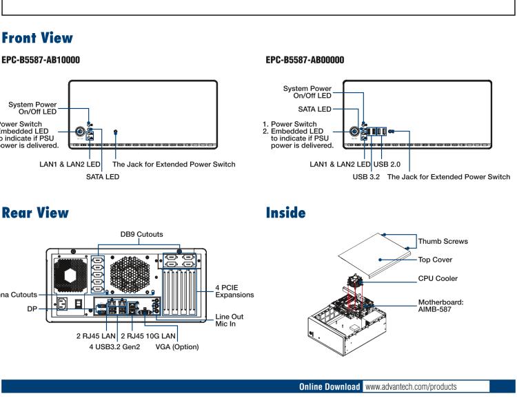 研華EPC-B5587 適配Intel? 第10代 Core i / Xeon W系列處理器，搭載W480E芯片組。標(biāo)準(zhǔn)4U上架，工業(yè)級(jí)品質(zhì)，穩(wěn)定可靠。廣泛適用于高端AI服務(wù)器等應(yīng)用。