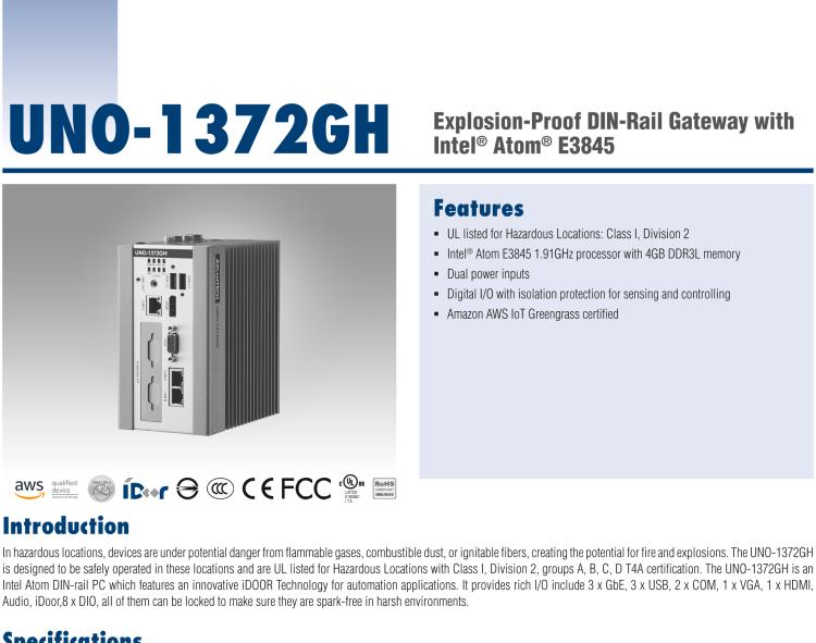 研華UNO-1372GH 通過Class I，Division 2認證的導軌安裝工業(yè)控制器，搭配英特爾?凌動?四核處理器