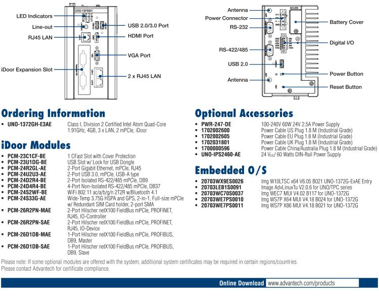 研華UNO-1372GH 通過Class I，Division 2認證的導軌安裝工業(yè)控制器，搭配英特爾?凌動?四核處理器