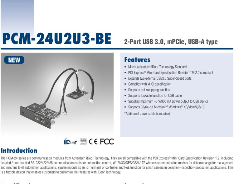 研華PCM-24U2U3 2端口USB 3.0，mPCIe，USB-A型