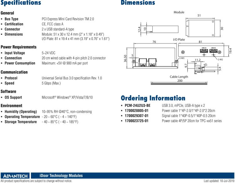 研華PCM-24U2U3 2端口USB 3.0，mPCIe，USB-A型