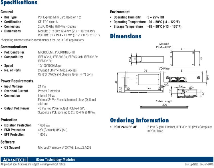 研華PCM-24R2PE 2端口千兆以太網(wǎng)，兼容IEEE 802.3af（PoE），mPCIe，RJ45