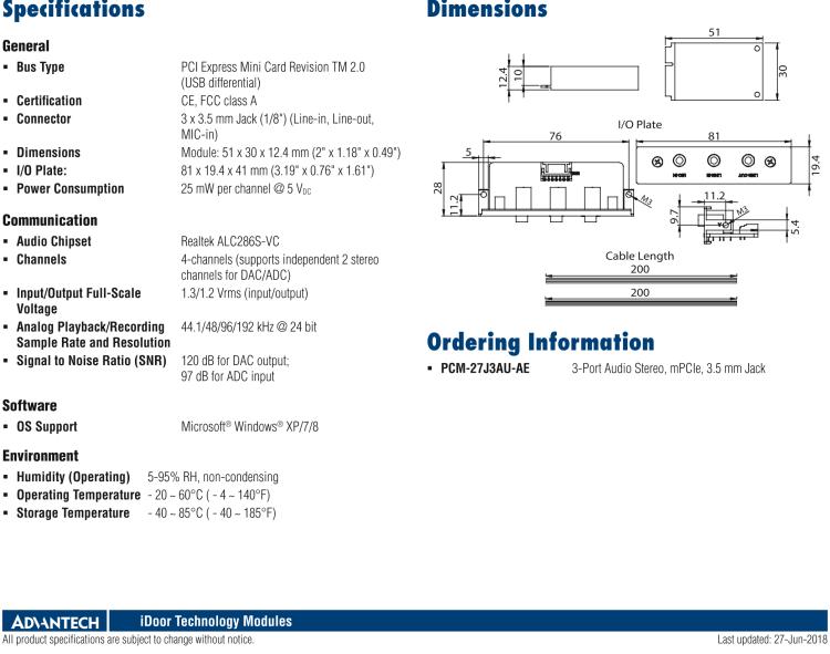 研華PCM-27J3AU 3端口立體聲音頻，mPCIe，3.5毫米插孔
