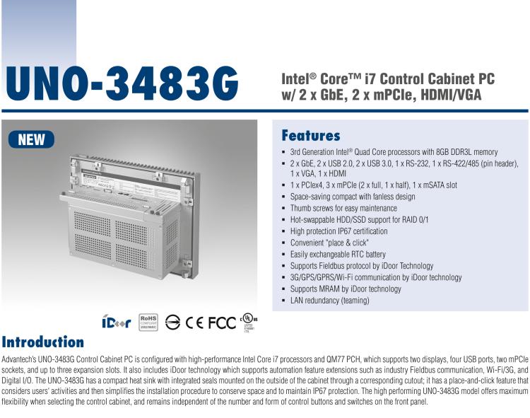 研華UNO-3483G 高效能嵌入式無風扇工業(yè)電腦，搭配 Intel? Core? i7 處理器，2 x GbE, 2 x mPCIe, HDMI/VGA