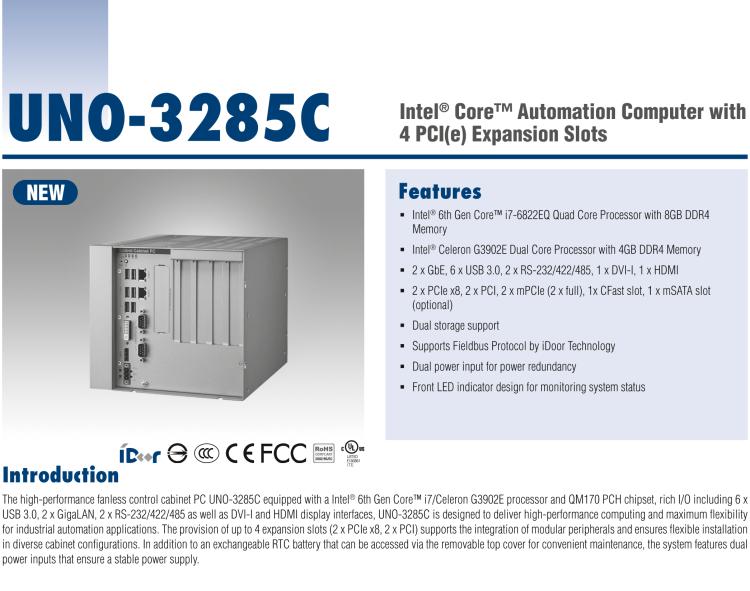 研華UNO-3285C 搭配Intel? Core?處理器，4×PCI(e) 擴展槽，2 x GbE, 2 x mPCIe, HDMI, DVI-I