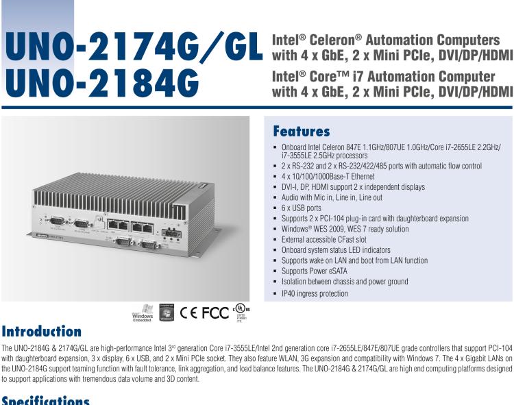 研華UNO-2174G 英特爾??賽揚(yáng)??嵌入式工控機(jī)，帶4個(gè)千兆以太網(wǎng)接口，2個(gè)小型PCIe、DVI/DP/HDMI高清接口