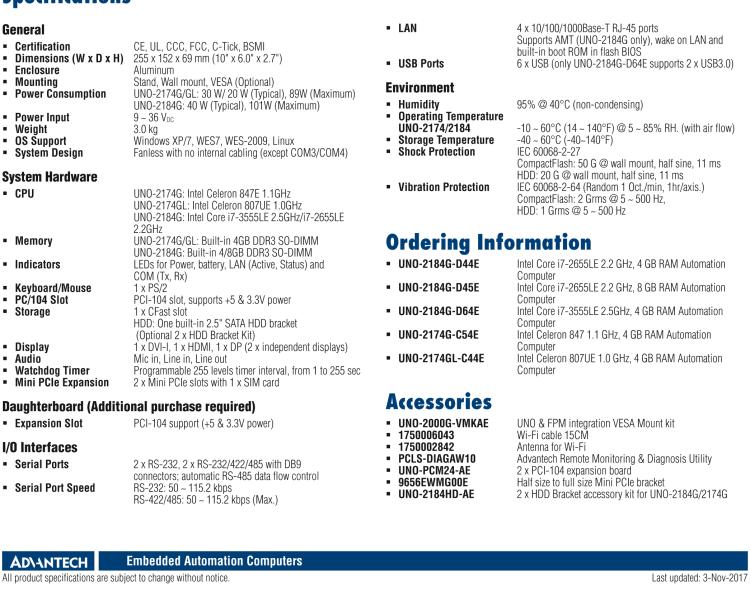 研華UNO-2174G 英特爾??賽揚(yáng)??嵌入式工控機(jī)，帶4個(gè)千兆以太網(wǎng)接口，2個(gè)小型PCIe、DVI/DP/HDMI高清接口