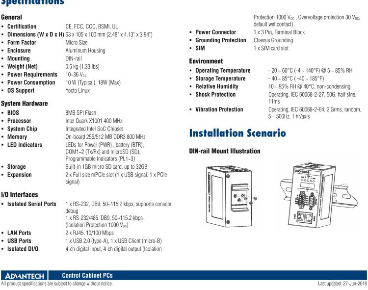 研華UNO-1252G 微型導(dǎo)軌安裝工業(yè)物聯(lián)網(wǎng)網(wǎng)關(guān)，搭配英特爾? Quark? 微控制器，2×LAN，2×mPCIe，2×COM，8×DI/O，2×USB，1×1GB microSD card，1×SIM
