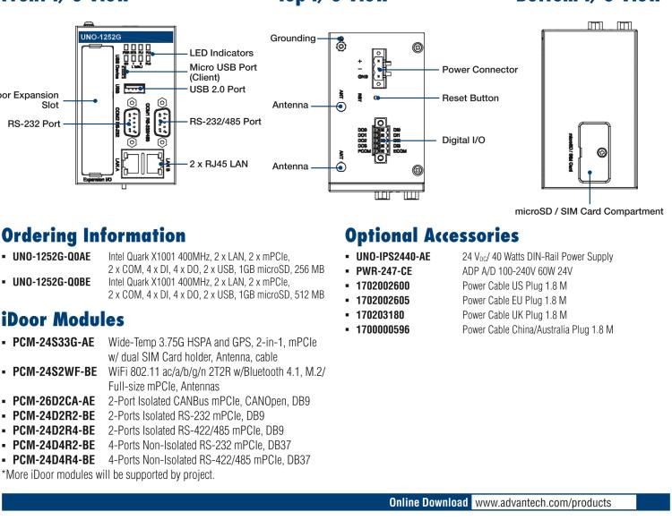 研華UNO-1252G 微型導(dǎo)軌安裝工業(yè)物聯(lián)網(wǎng)網(wǎng)關(guān)，搭配英特爾? Quark? 微控制器，2×LAN，2×mPCIe，2×COM，8×DI/O，2×USB，1×1GB microSD card，1×SIM