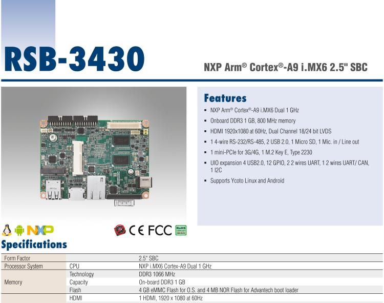 研華RSB-3430 基于NXP Arm Cortex-A9 i.MX6平臺,精簡功能的2.5寸緊湊型單板電腦。搭配UIO20/40可快速擴(kuò)展各種外設(shè)接口