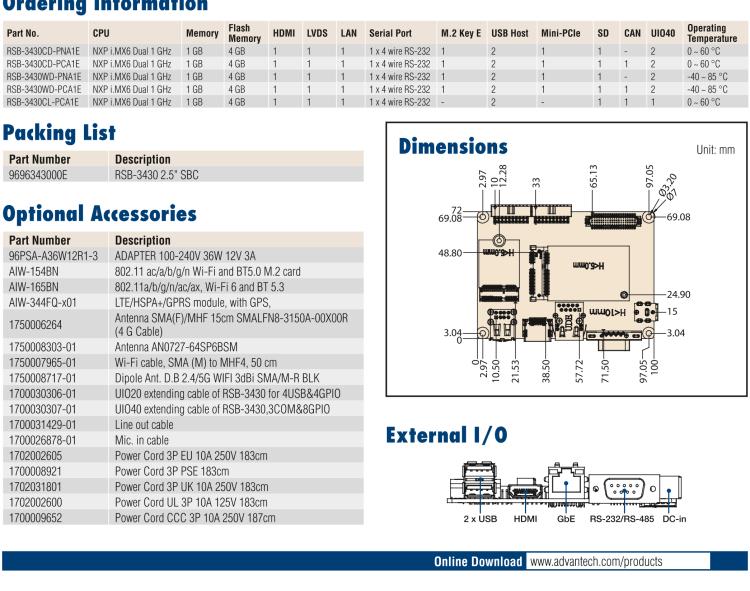研華RSB-3430 基于NXP Arm Cortex-A9 i.MX6平臺,精簡功能的2.5寸緊湊型單板電腦。搭配UIO20/40可快速擴(kuò)展各種外設(shè)接口