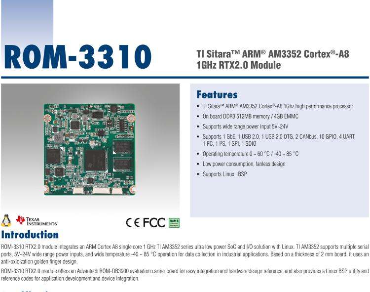 研華ROM-3310 基于TI AM3352 Cortex A8 1GHz RTX 2.0 的標(biāo)準(zhǔn)核心板，適用于寬溫抗震等工業(yè)自動化領(lǐng)域
