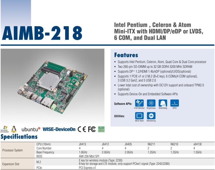 研華AIMB-218 板載Intel? 第8代 奔騰/賽揚/凌動系列處理器。支持獨立三顯，超薄緊湊，無風扇設計，支持寬溫。