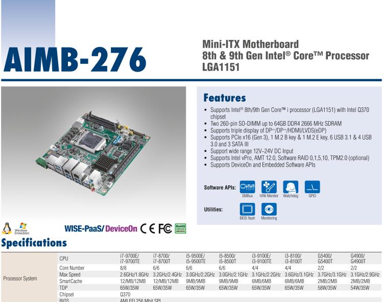 研華AIMB-276 適配Intel 第8/9代 Core?i7/i5/i3 處理器，搭載Q370芯片組。超高性能，是邊緣計算、AI視頻檢測等理想解決方案。