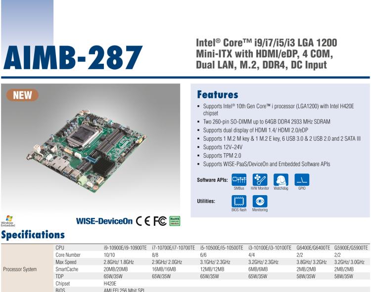 研華AIMB-287 適配Intel? 第10代 Core? i 系列處理器，搭載H420E芯片組。超薄設(shè)計(jì)，性能強(qiáng)勁。