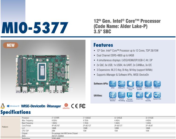 研華MIO-5377 第12代 Intel Core i7/ i5/ i3 P系列，3.5"單板電腦， 高達(dá)12 核心，TDP 28/15W